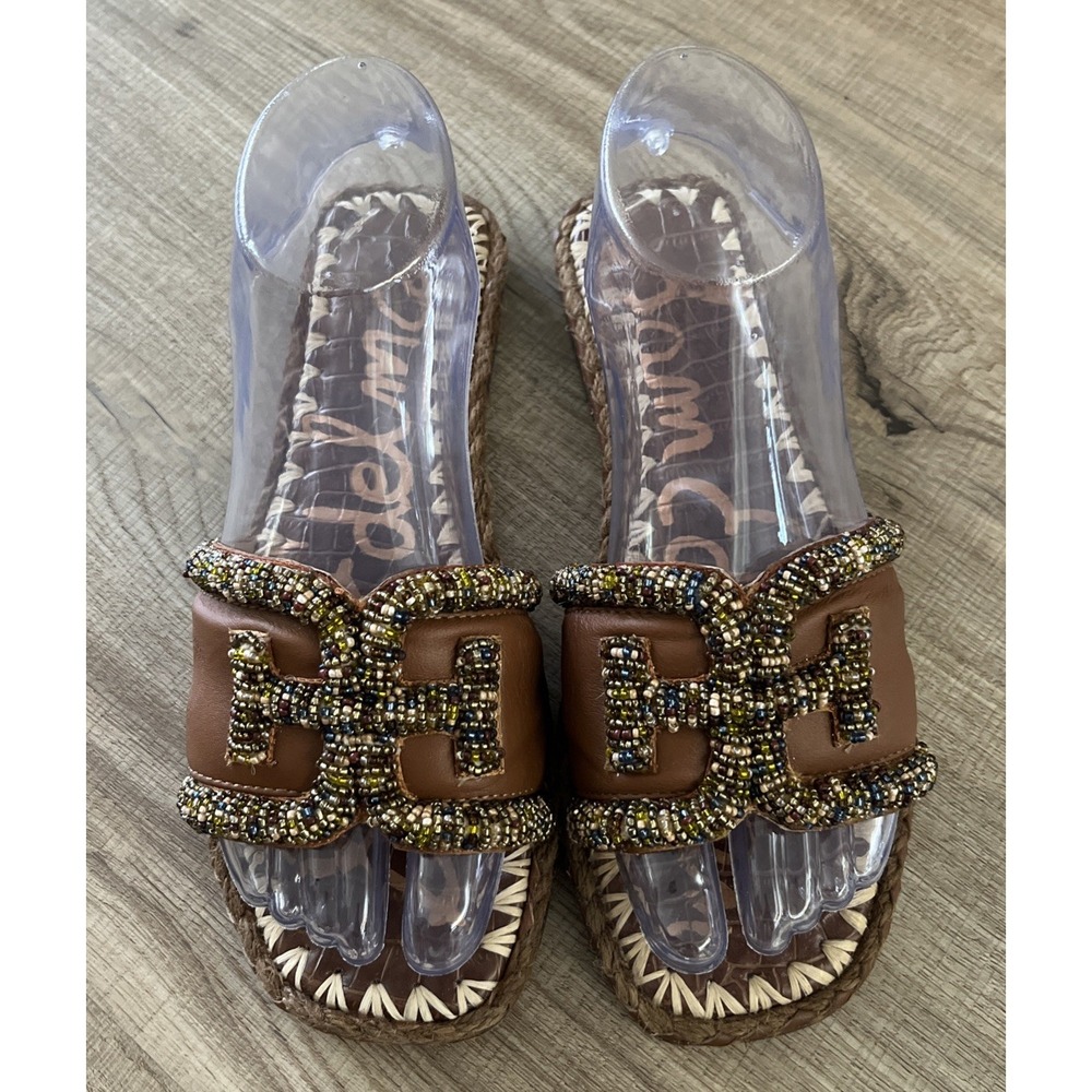 Sam Edelman Fitz Flat Sandals Brown Leather Beaded Slides Womens 6 M